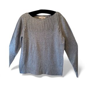 LOFT Gray Sequin Sparkle Ribbed Boat Neck Pullover Sweater